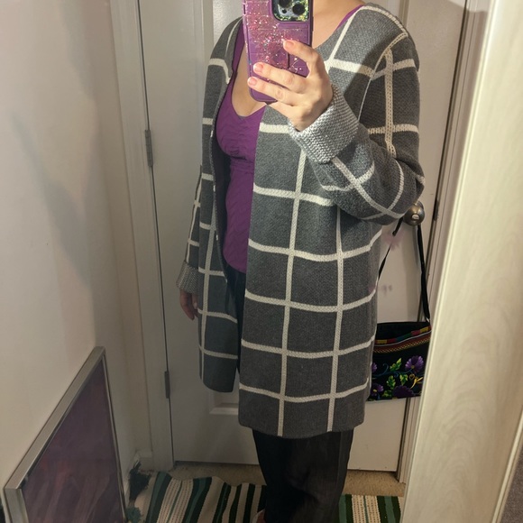 GORGEOUS LONG OPEN FRONT CARDIGAN SWEATER WINDOW PANE GRAY CREAM XL VGUC - Picture 1 of 11